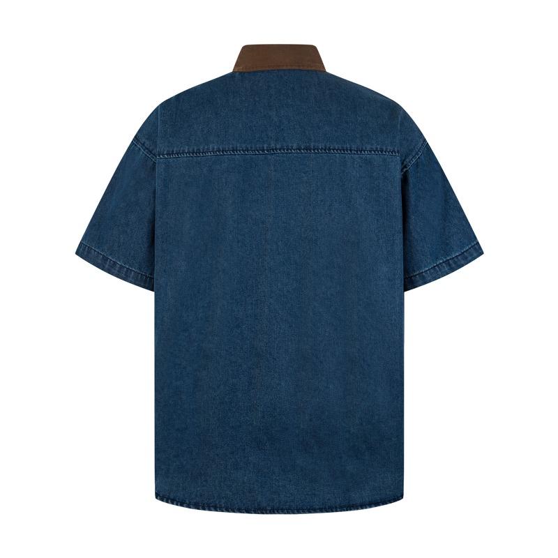 American Retro Coffee Bear Sticker Embroidered Denim Short-sleeved Shirt for Men and Women Couple Summer Loose Casual Shirt