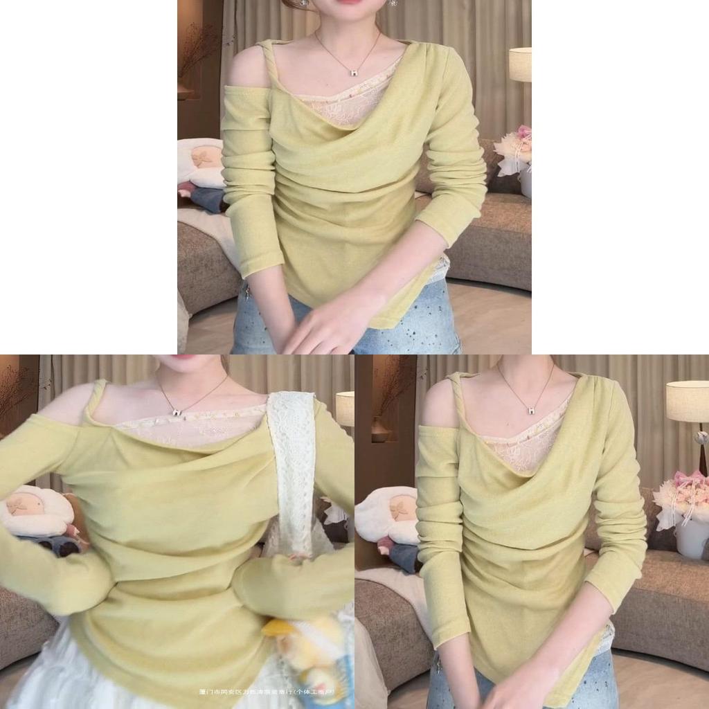 Spring Korean Style Womens Lace Spliced Top With Solid Color Design For Fashionable Outfits
