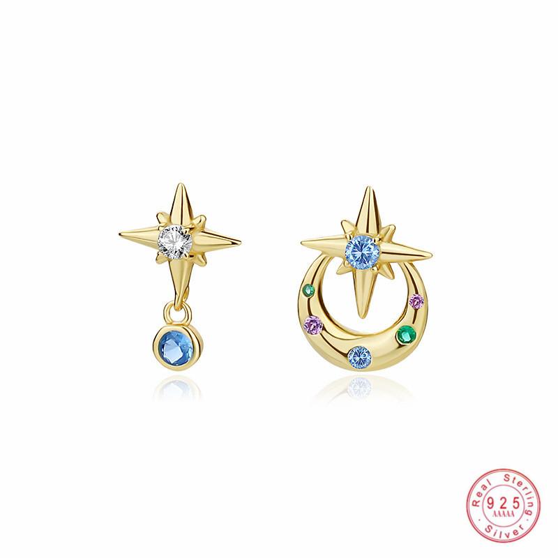 925 Sterling Silver Asymmetric Colorful Zircon Star Stud Earrings French Fashion Simple Jewelry Accessories for Women