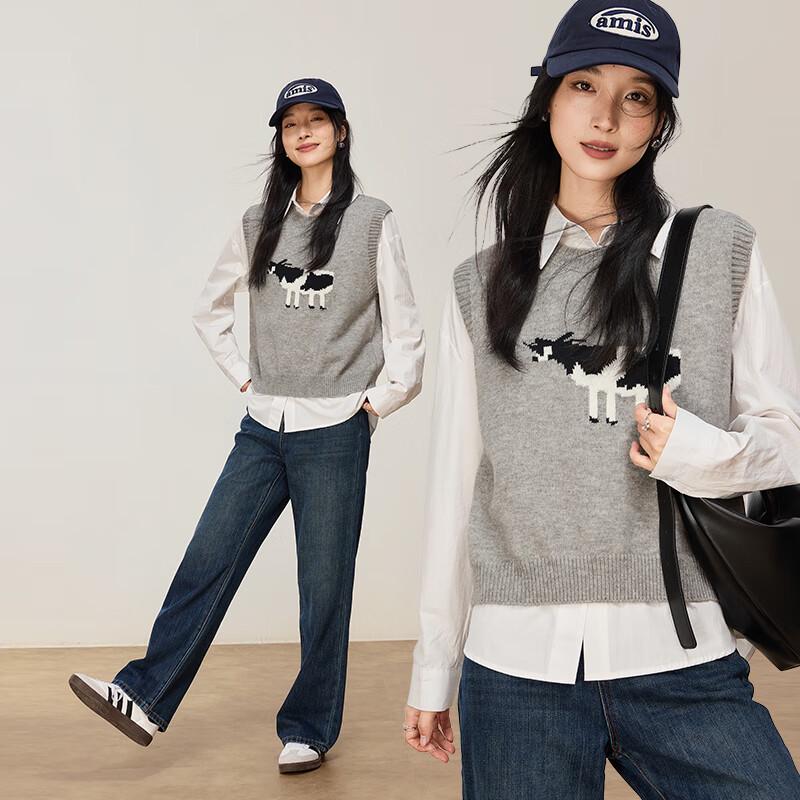 VICTORIA&VERA Women's Cartoon Cow Jacquard Vest