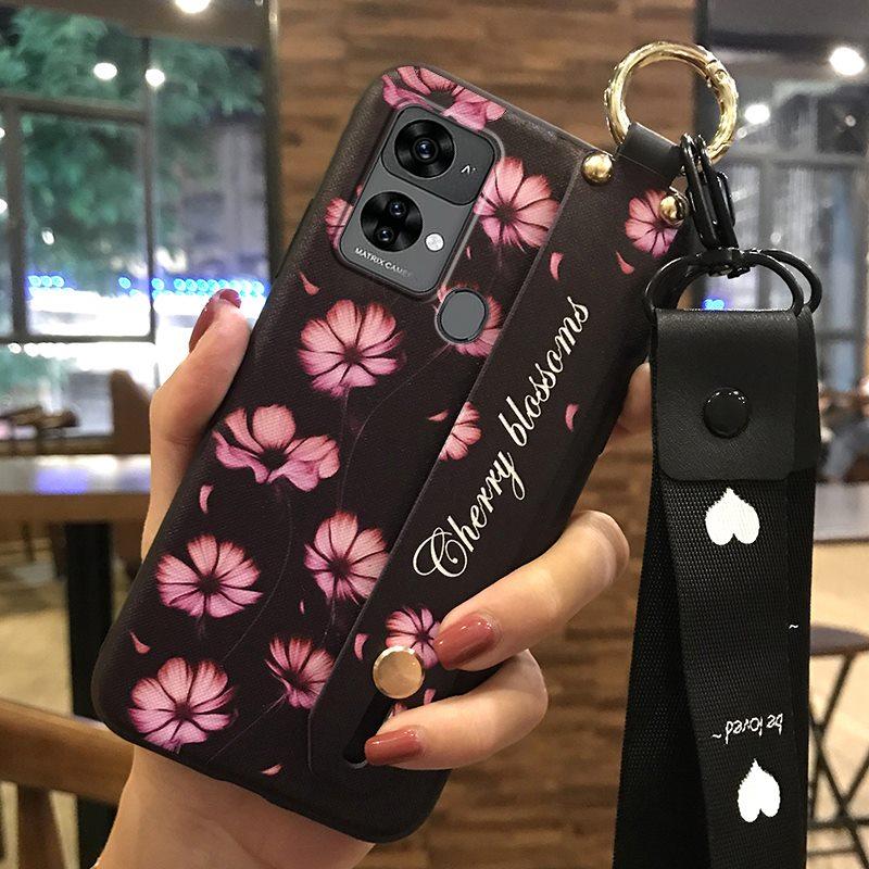 Ring Dirt-resistant Phone Case For Oukitel C33 Fashion Design Wrist Strap Lanyard Phone Holder Kickstand Silicone Flower