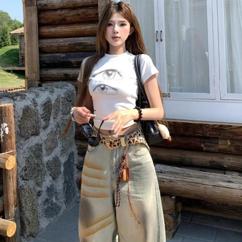 Summer t shirt young girl Fashion vintage Print Women O-Neck cotton T-Shirts Short Sleeve Casual slim Tees Clothes Female white crop top