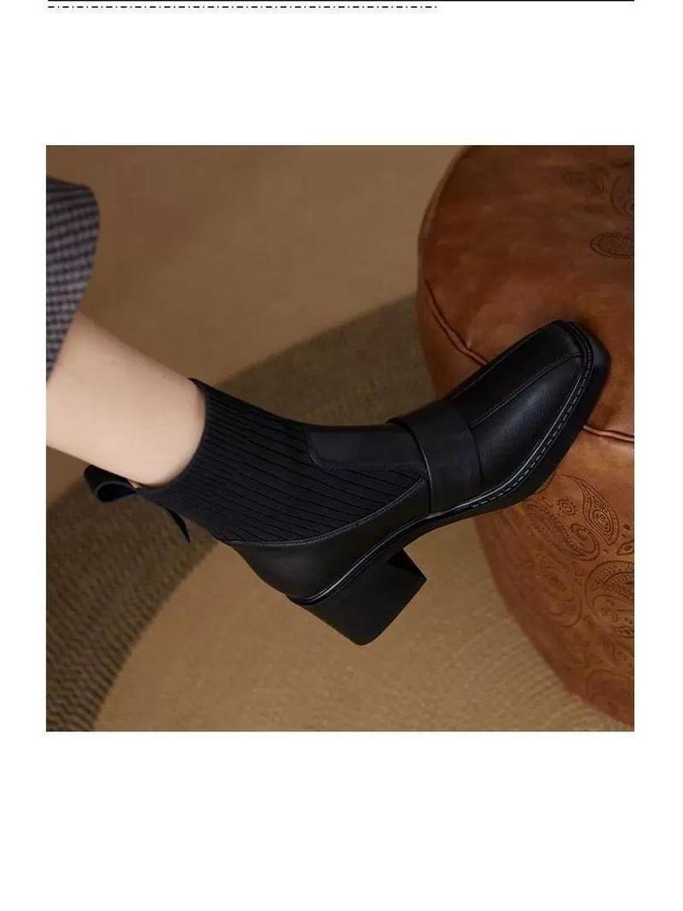 Botine de damă cu toc gros pentru toamna/iarna 2025 - Stil coreean plus catifea, calde, tip șosetă, botine Martin în stil britanic pentru studenți