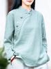 Cotton and linen stand-up collar long-sleeved women's spring and autumn new buckle pullover top long-sleeved T-shirt