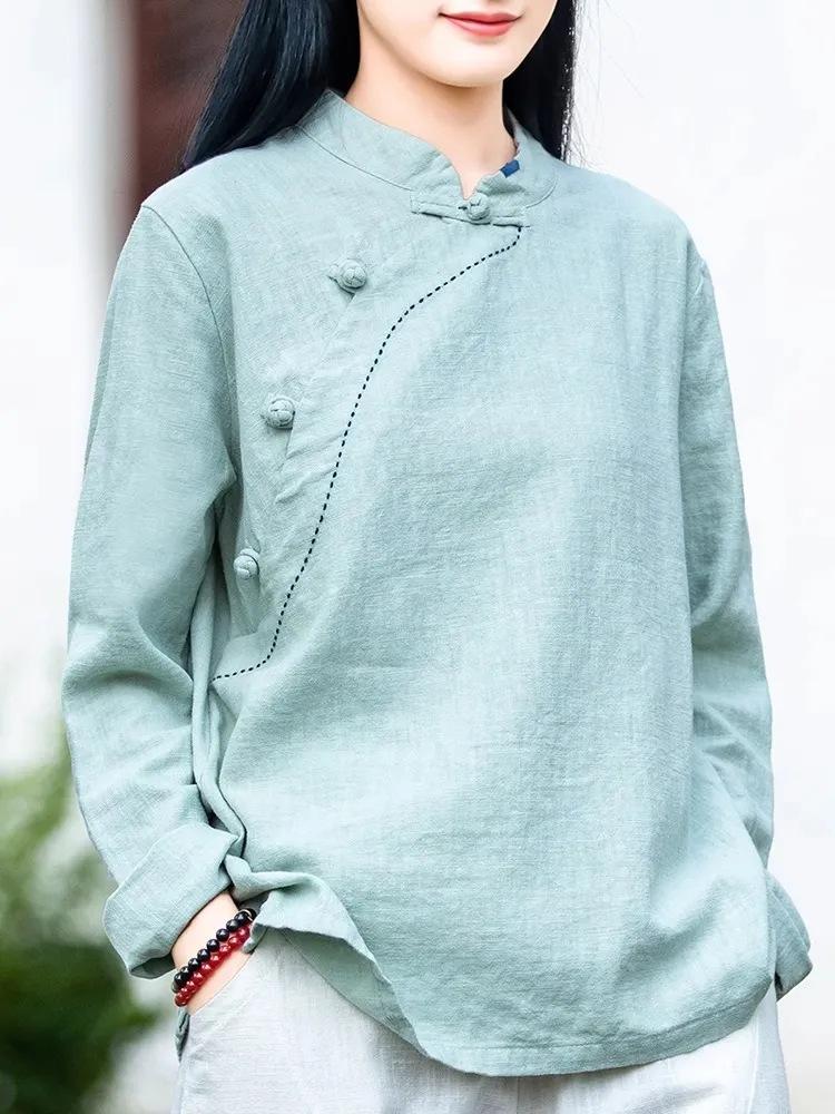 Cotton and linen stand-up collar long-sleeved women's spring and autumn new buckle pullover top long-sleeved T-shirt