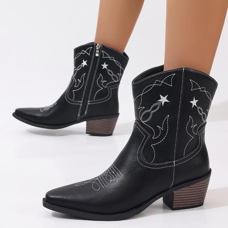 Fashion Women's Boots Fashion Pointed Toe Mid-Calf Boots Retro Western Cowboy Boots Classics Embroidered Leather Boot Women Knight Boot
