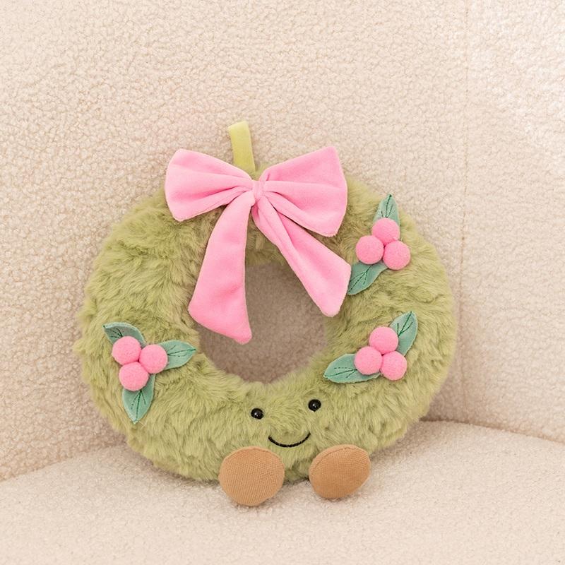 Sweet Green Wreath Plush Toy Stuffed Smiling Humanoid Pink Bow Tie Plushie Kawaii Home Decor Christmas Gift
