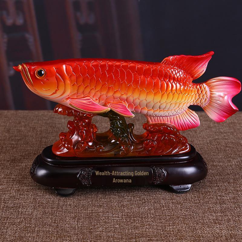 Golden Arowana Wealth-Attracting Feng Shui Ornament for Living Room, Wine Cabinet, or Office Desk - Prosperous Chinese Resin Decoration.