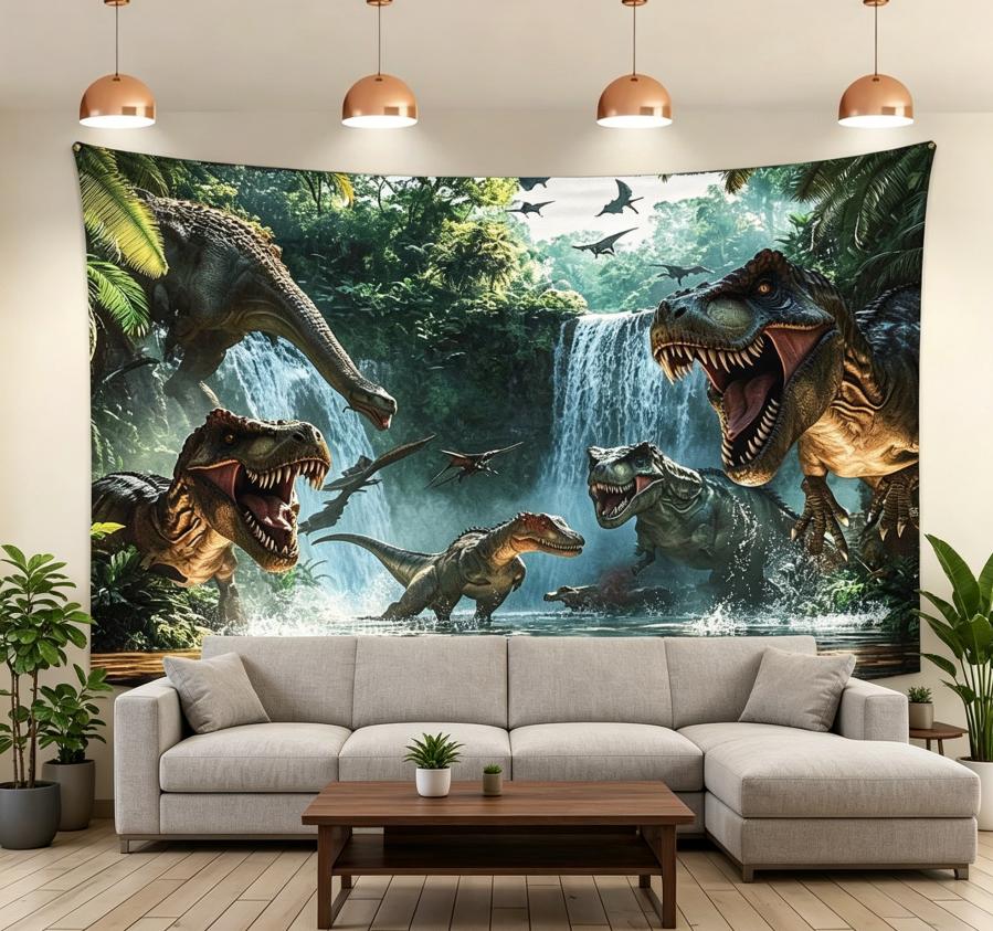 Realistische Dinosaurier Dschungel Wandteppich Prähistorischer Wasserfall Wandbehang Für Kinderzimmer Spielzimmer Wohnzimmer Ästhetische Dekoration Mult