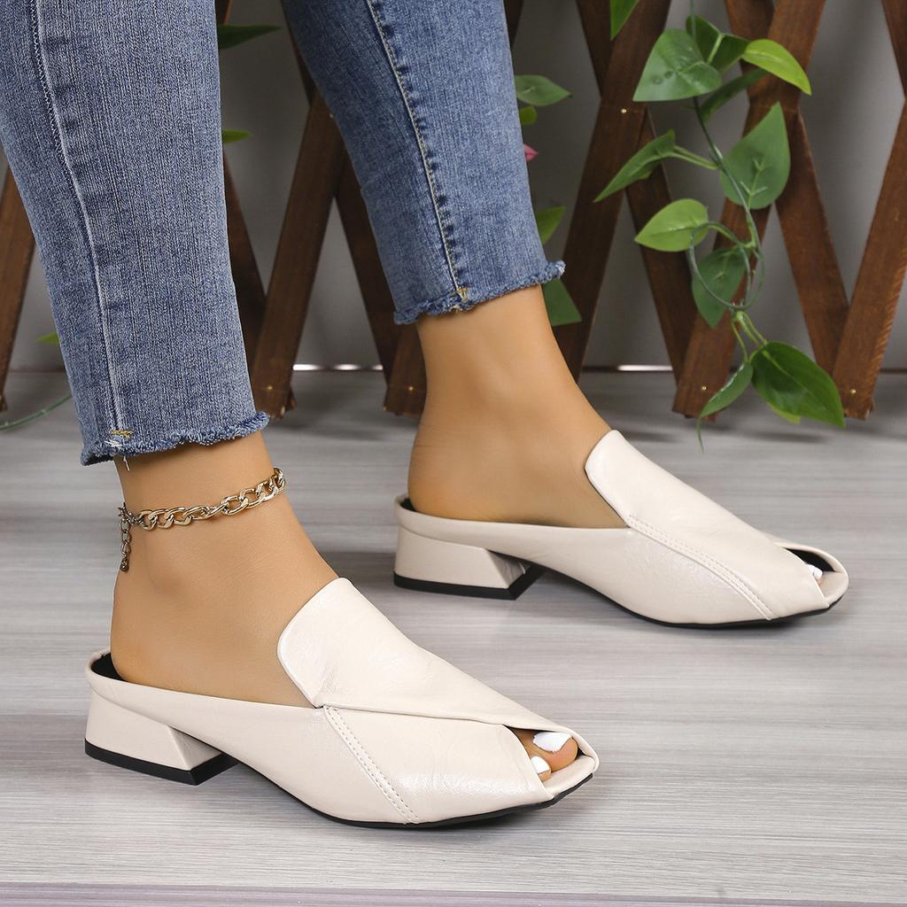2025 Fashion Half Slippers Female Square Head Personalized Open-toe Square Heel Sandals Fashion Low Heel Outside Wear Slippers