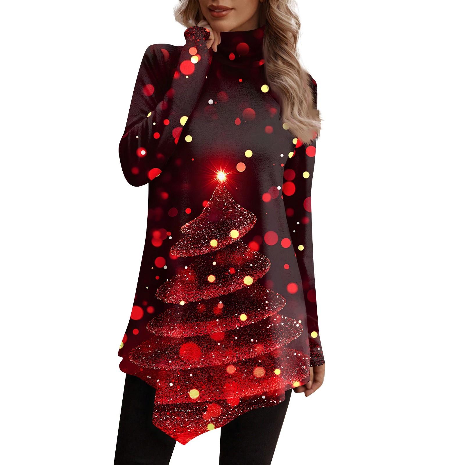 Повседневная мода Рождественский принт Рубашка Топы Высокий ворот Неровный подол Длинный — фото 3