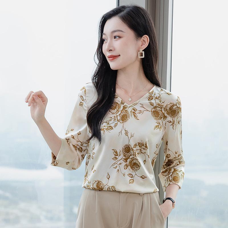 

Spring 2025 V-Neck Silk Printed Loose Fashion Top for Women XL бежевый