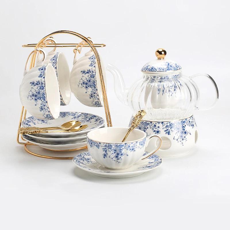 Blumen-Teekannen-Sets, Kannenkerze, Beheizte Glas-Teekanne und Teetassen-Set, Blau-Weiß-Porzellan, Kaffeetasse und Untertasse, Schönes Geschenk