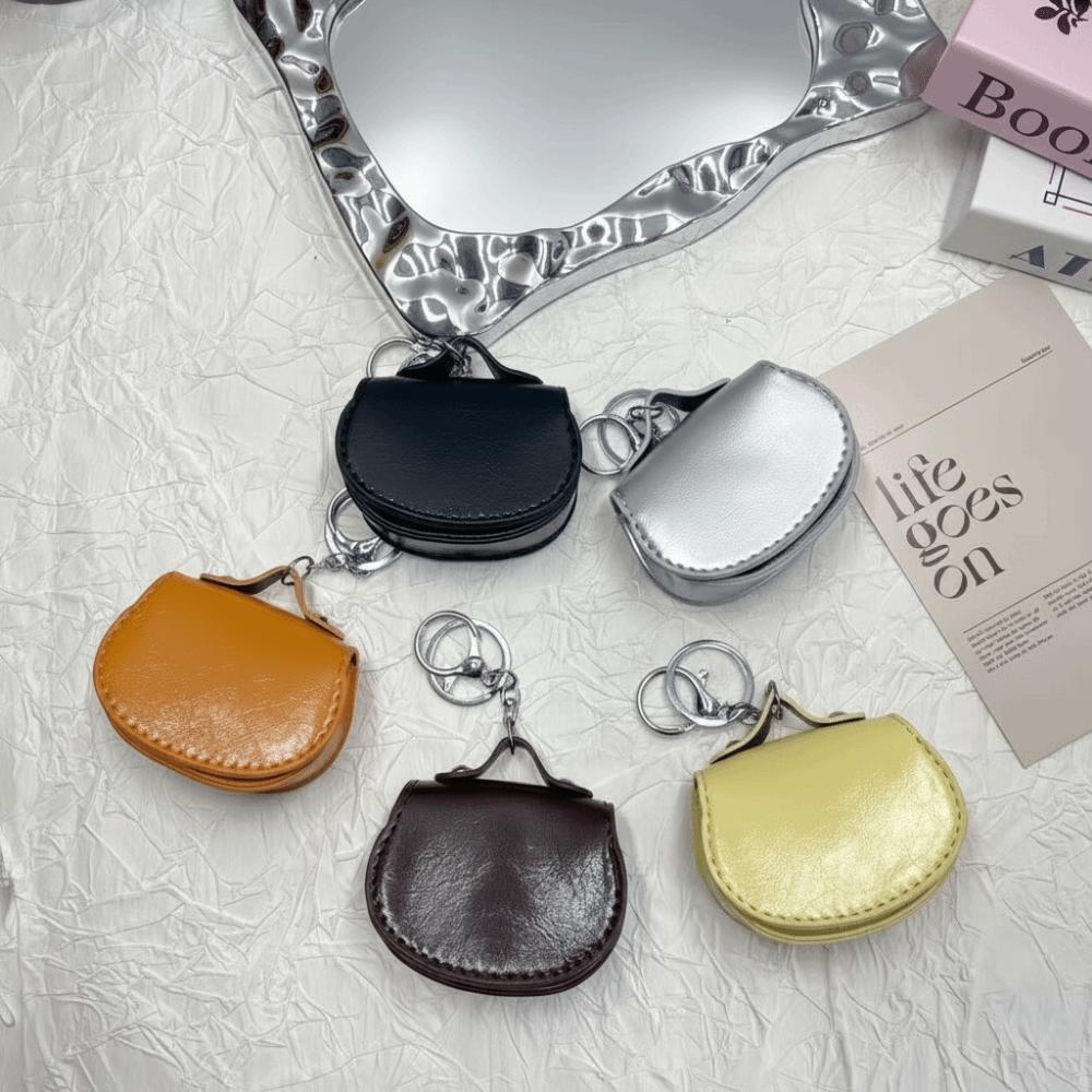 Multifunctional Earphone Bag Car Keychain PU Leather Mini Leather Bag Solid Color Small Bag Pendant Storage Bag