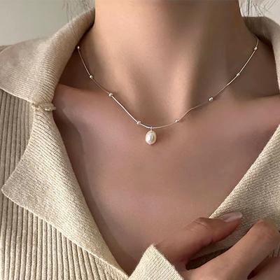 S925 Pure Silver Baroque Freshwater Pearl Necklace Snake Bone Chain
