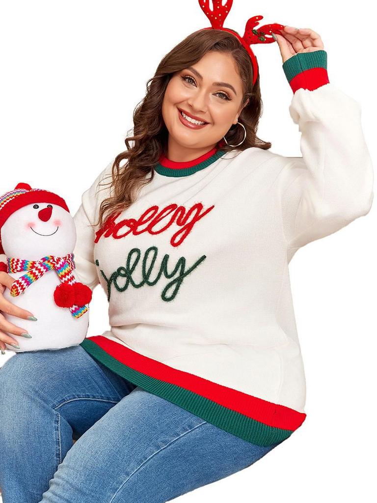 2025 Winter Plus Size Women's Color Block Thick Sweater - European American Fashion Round Neck Pullover