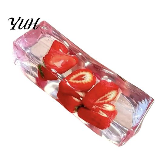 Fruit Themed Sensory Tools Clear Bar Squeeze Toy with Fake Inside, Stress Relief Shapeable Stick Toy, Transparent Strip Figdet for Home Office School