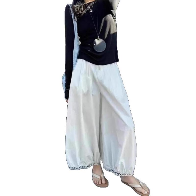 Hollow lace wide-leg pants women's summer thin new design high waist nine-point lantern casual pants