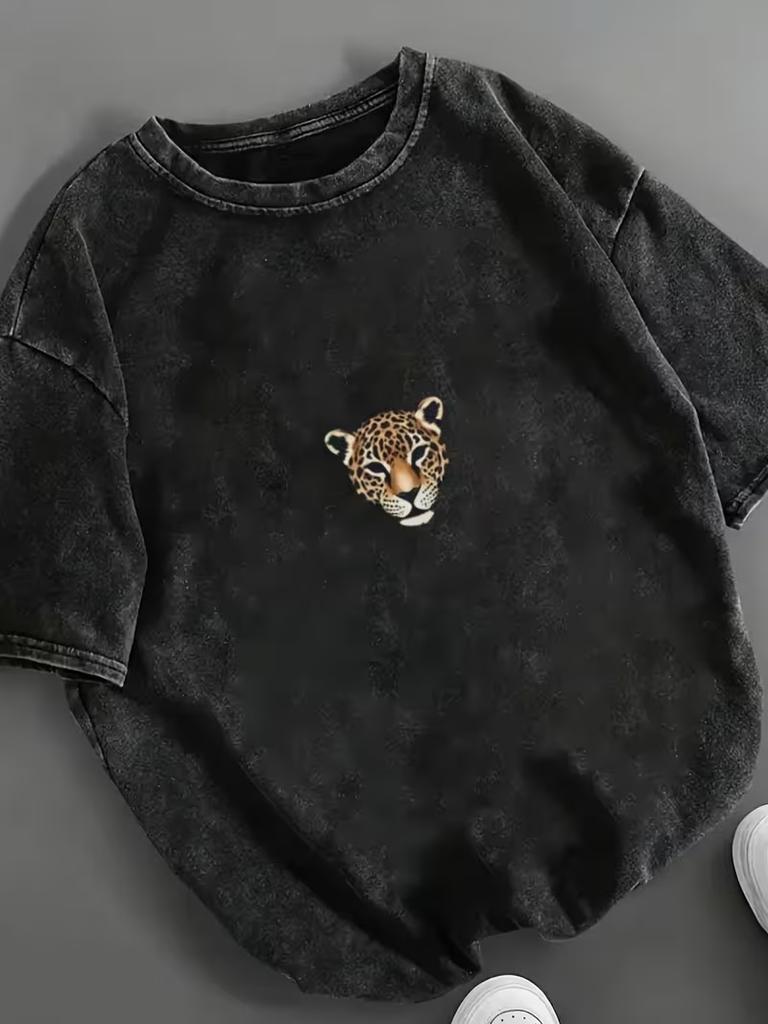 Vintage Washed Leopard Graphic T-Shirt Retro Animal Print Crew Neck Casual Tee