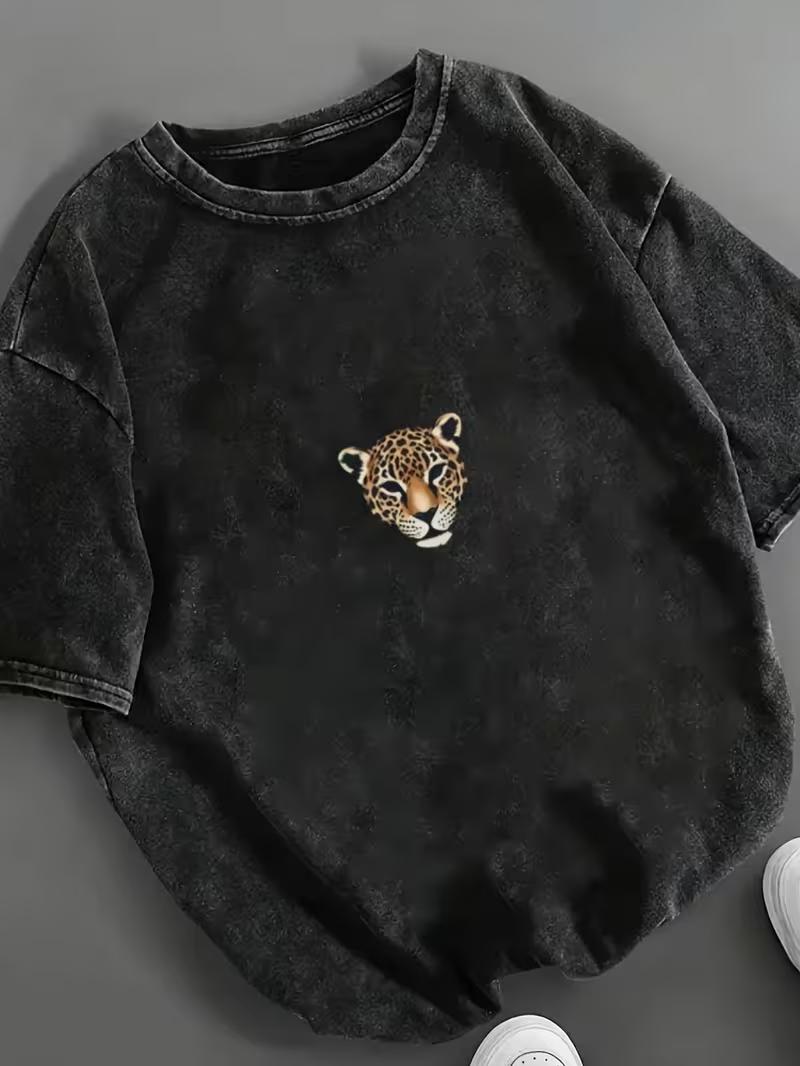 

Leopard Print Women Tshirt Loose Round Neck Short Sleeve TopFashionable Casual Soft Breathable Eco Friendly Everyday Wear S