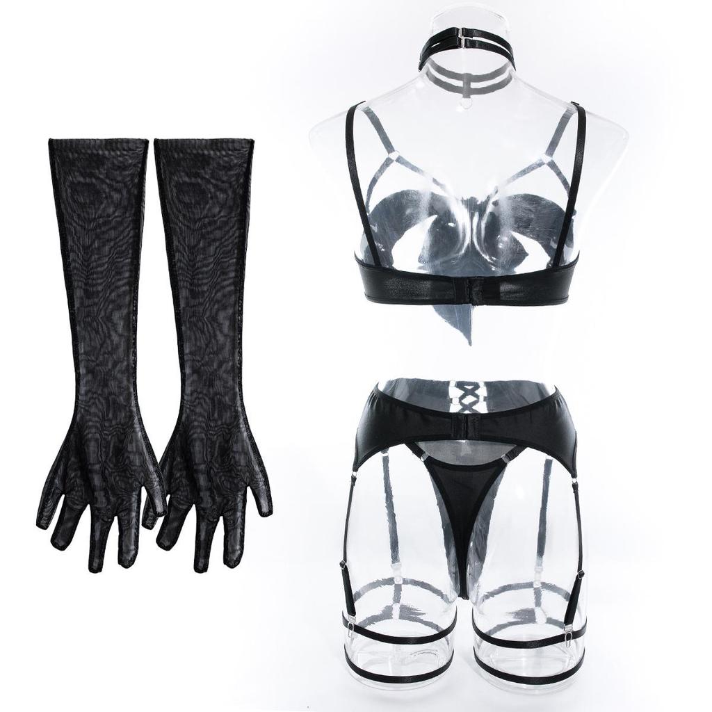 Sexy Bondage Hollow Belt Long Gloves & Chest Straps Lingerie Set