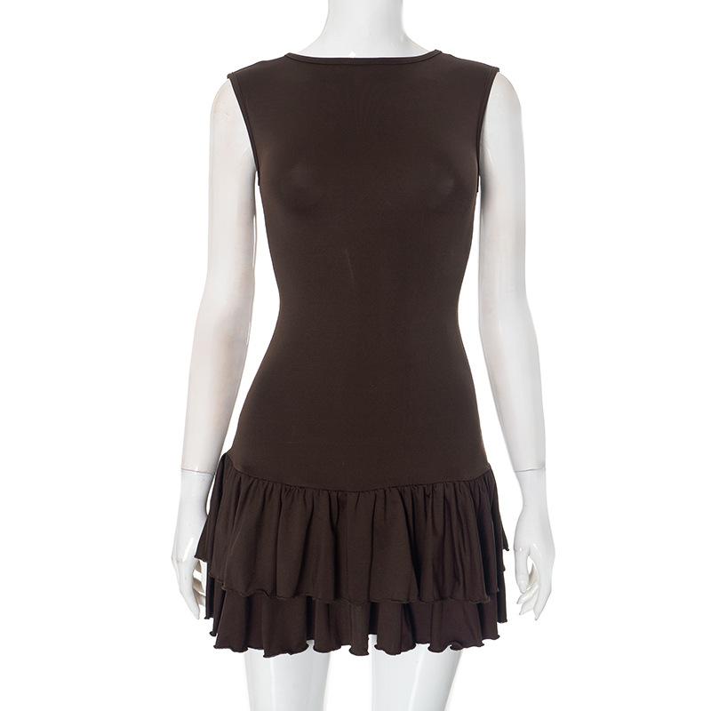 

YYFS женские модные летние весенние однотонные повседневные платья без рукавов с круглым вырезом и высокой талией L коричневый