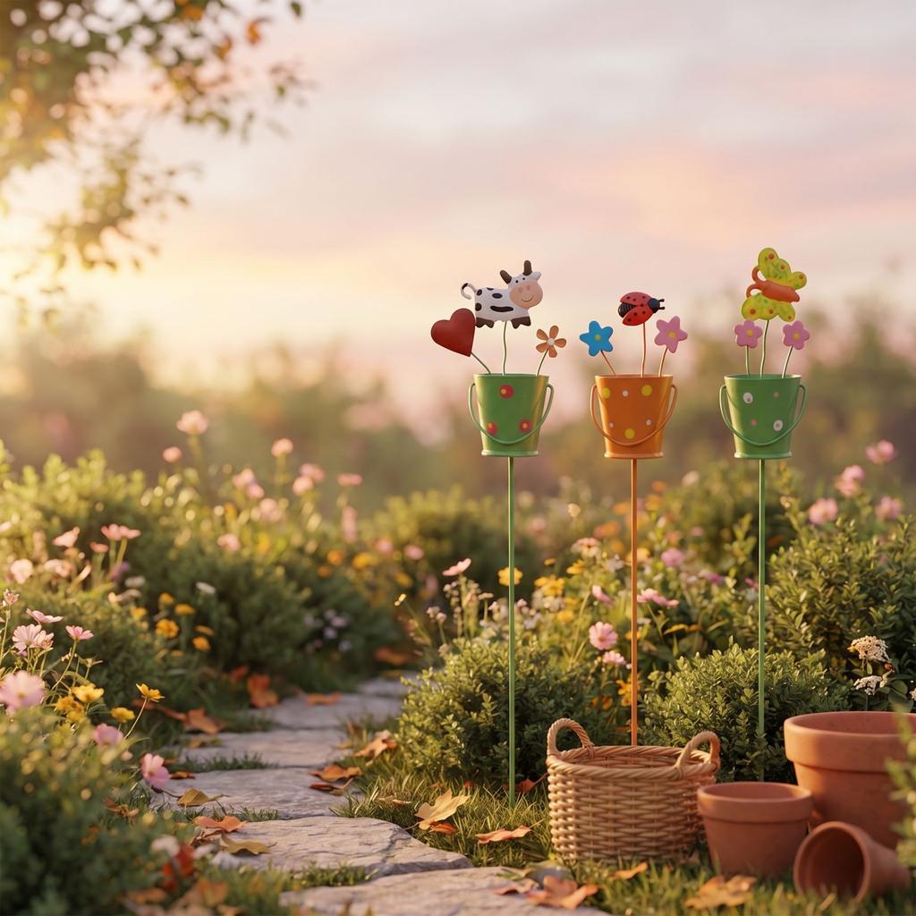 Set Of 3 Metal Garden Stakes, Whimsical Animal & Flower Potted Plant Yard Decor, Colorful Outdoor Ornaments For Flower Beds & Lawns