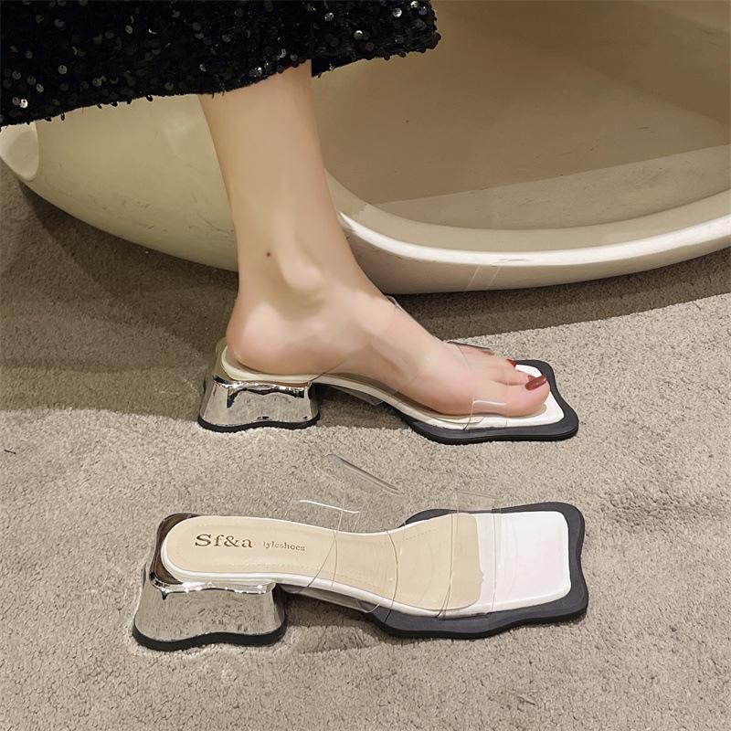 

Coarse heel sandals women s summer 2025 new ins trendy transparent word with niche design sense, versatile outer slippers 35