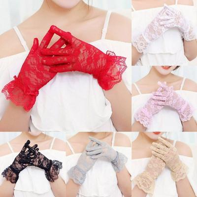 Damen Party Elegante Handschuhe Sonnencreme Spitzenhandschuhe Rosenblumenmuster UV-Schutz Fäustlinge Hochzeit Weiße Brauthandschuhe