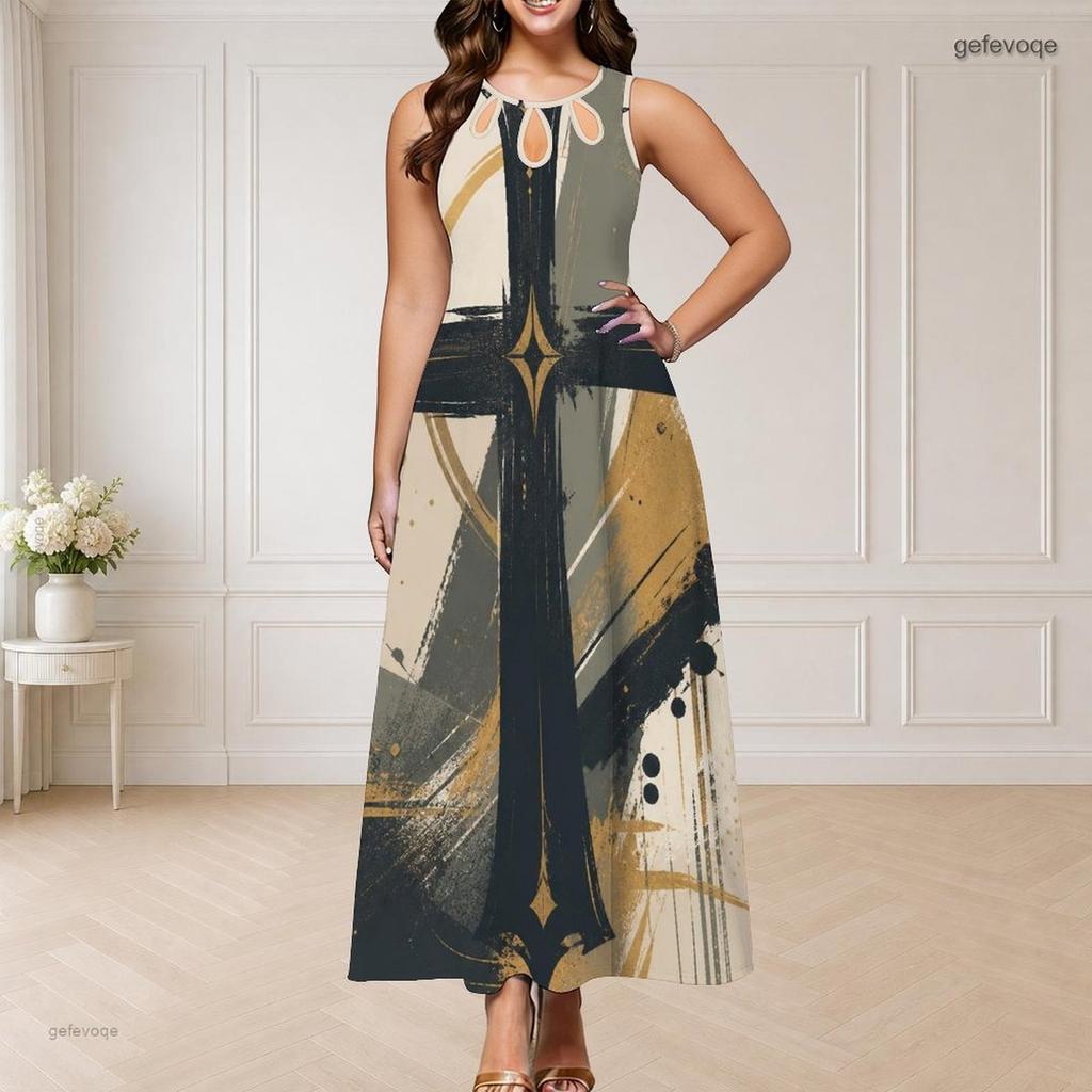 Women Plus Size Sleeveless Round Neck Triple Keyhole Cutout Black Gold Beige Printed Long Dress