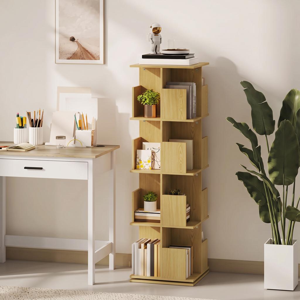 Rotating Bookshelf, 360 Degrees, 4 Shelves, 39 x 39 x 128.3 cm, Oak