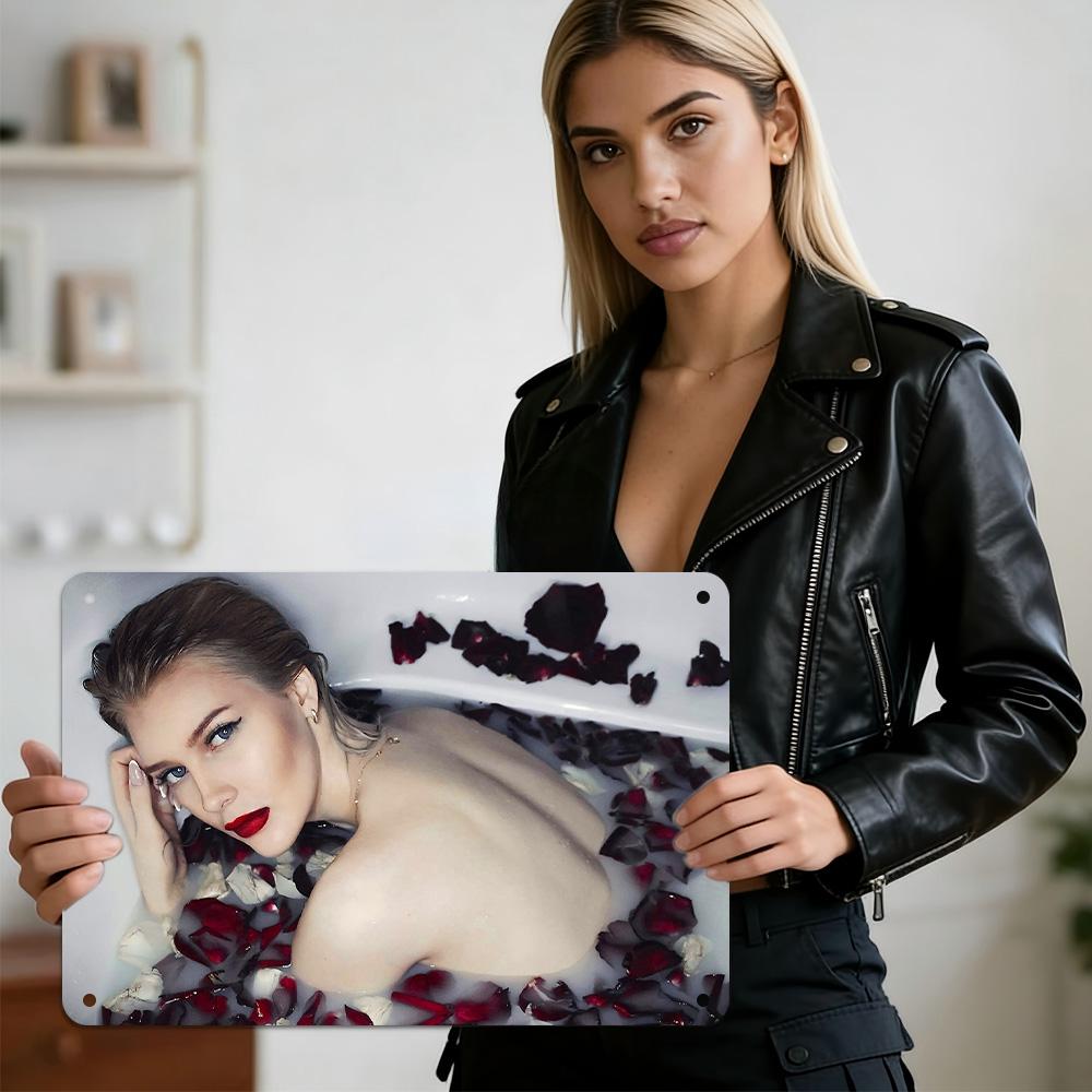 

HD Metal Tin Sign Glamorous CloseUp Portrait of Woman with Bold Red Lips and Oversized Sunglasses Chic Fashion Art Wall Decor 20x30cm（7.8x11.8inch）