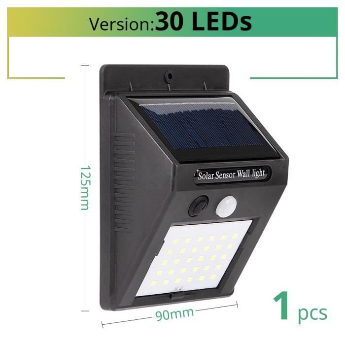 Lampadaire extérieur - Solaire - 30 LED - Détecteur de mouvement PIR - Imperméable - Noir