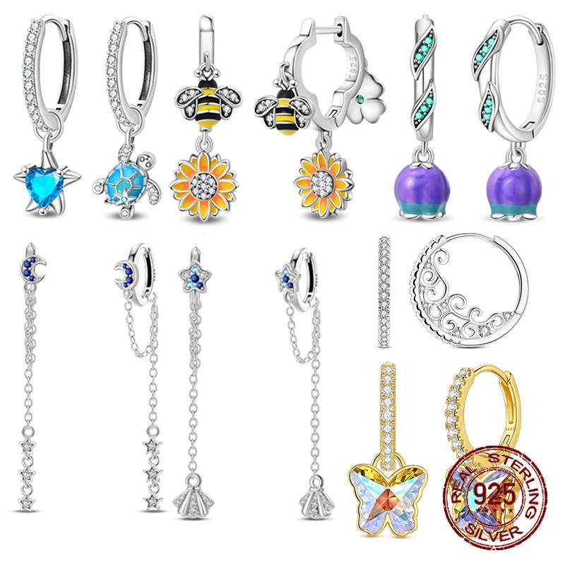 925 Silver Sterling Silver Bee Butterfly Flower Drop Hoop Earrings for Women Girl Ear Studs Fine Jewelry Fashion Anniversary