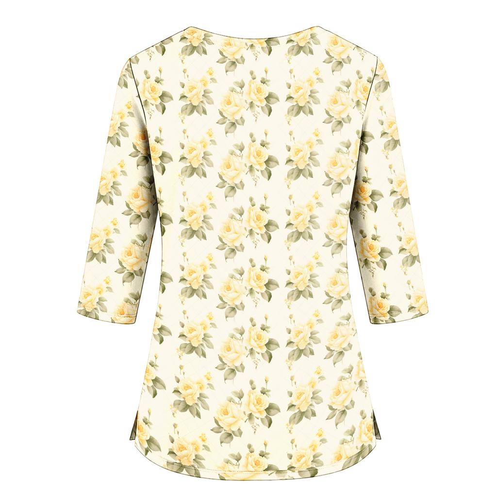 Women's Floral Print V-Neck Scrub Top with Pockets, 3/4 Sleeves and Side Slits for Uniform