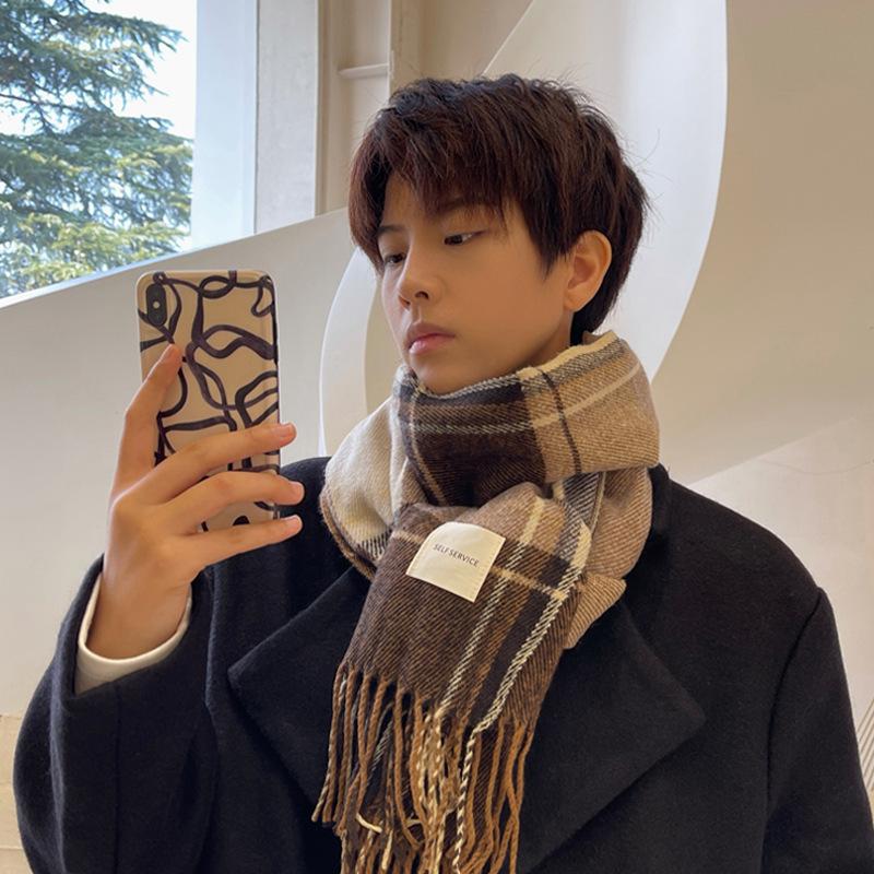 Men's Winter Unisex Plaid Shawl - Korean Style Versatile & Warm Scarf for Students & Couples