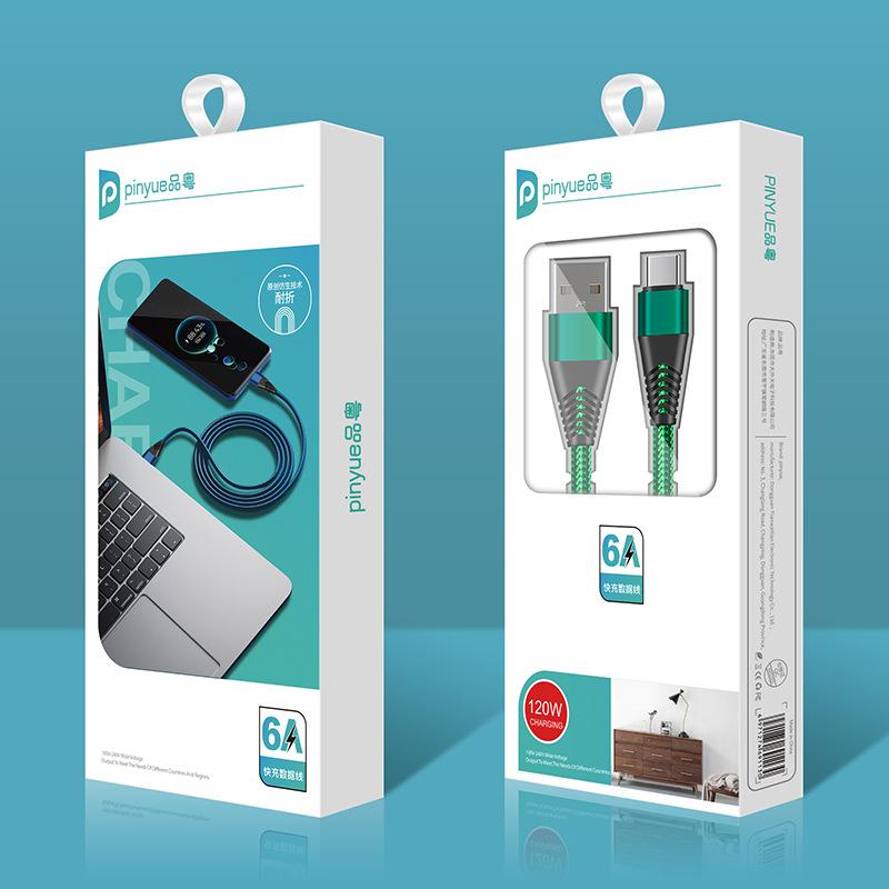 2M Nylon Braided 6A Metal Fast Charging Cable for Android, Apple, Huawei, and Type-C Devices