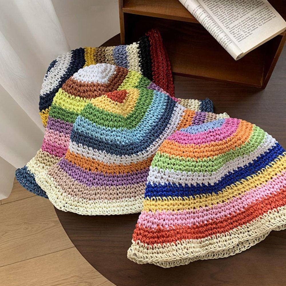 Visor Rainbow Straw Hat Weave Beach Fisherman Hat Breathable Sunscreen Bucket Hat  Travel