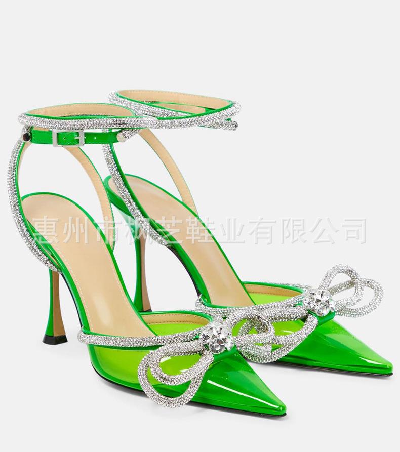 European and American bow rhinestone high-heeled sandals transparent pointed thin heel bag head high-heeled shoes fashionable and versatile customizat