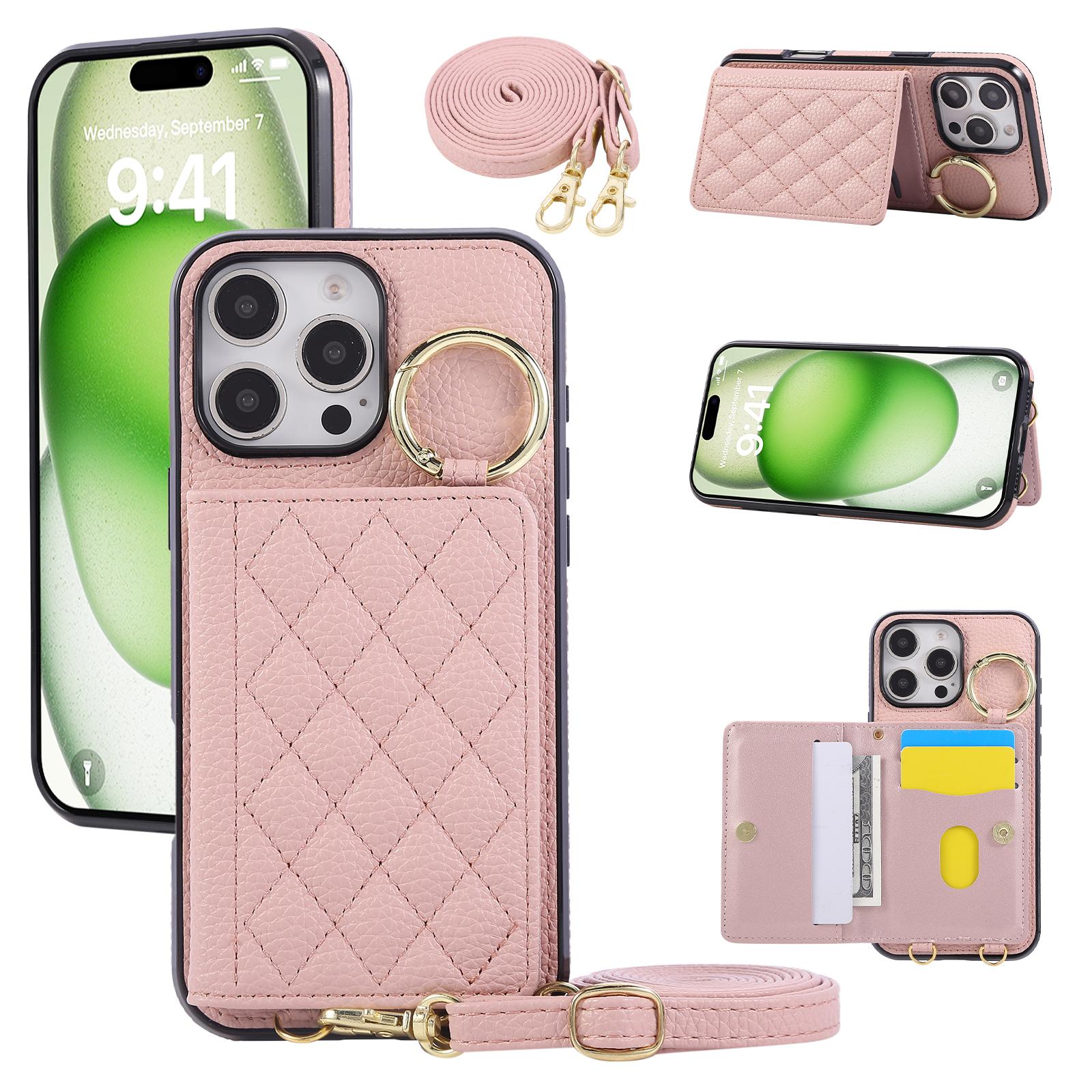 

For iPhone 16 Pro Case Kickstand Rhombus Leather+TPU Phone Cover with Shoulder Strap Pink