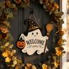 Entryway Wall Plaque Halloween Wooden Ghost Welcome Sign for Front Door, Rustic Cartoon Hanging Door Hanger with Pumpkin Wizard Hat And Broom Holiday