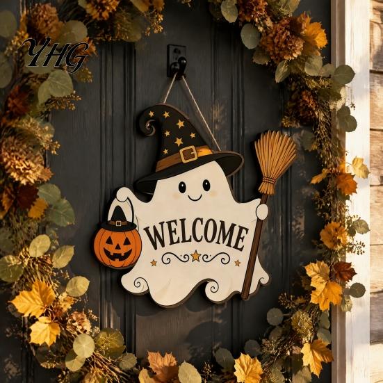 Entryway Wall Plaque Halloween Wooden Ghost Welcome Sign for Front Door, Rustic Cartoon Hanging Door Hanger with Pumpkin Wizard Hat And Broom Holiday