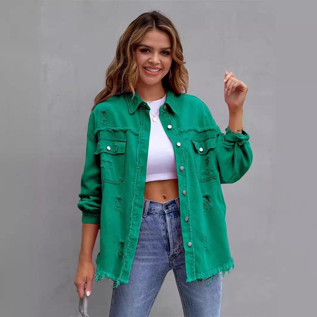 Women's Point Collar Long Sleeve Distressed Denim Jacket Loose Fit Raw Fringe Button Down Shirt