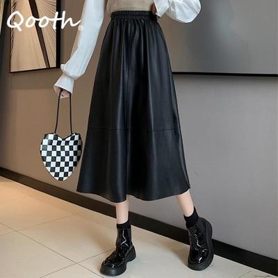 Women Vintage PU Faux Leather Umbrella Skirt Temperament Elastic Waist A-line Long Skirt For Autumn Winter QT2254