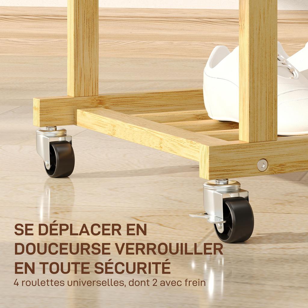 Rolling Bamboo Clothes Rack with Double Bar and Lower Shelf, 80x40x160cm, Natural Wood