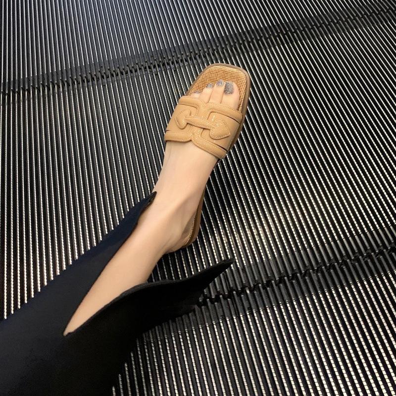 

Shoes Jeju Island Tour Straw Flat Bottom Square Head Thick Heel Vacation One-Word Slippers 40