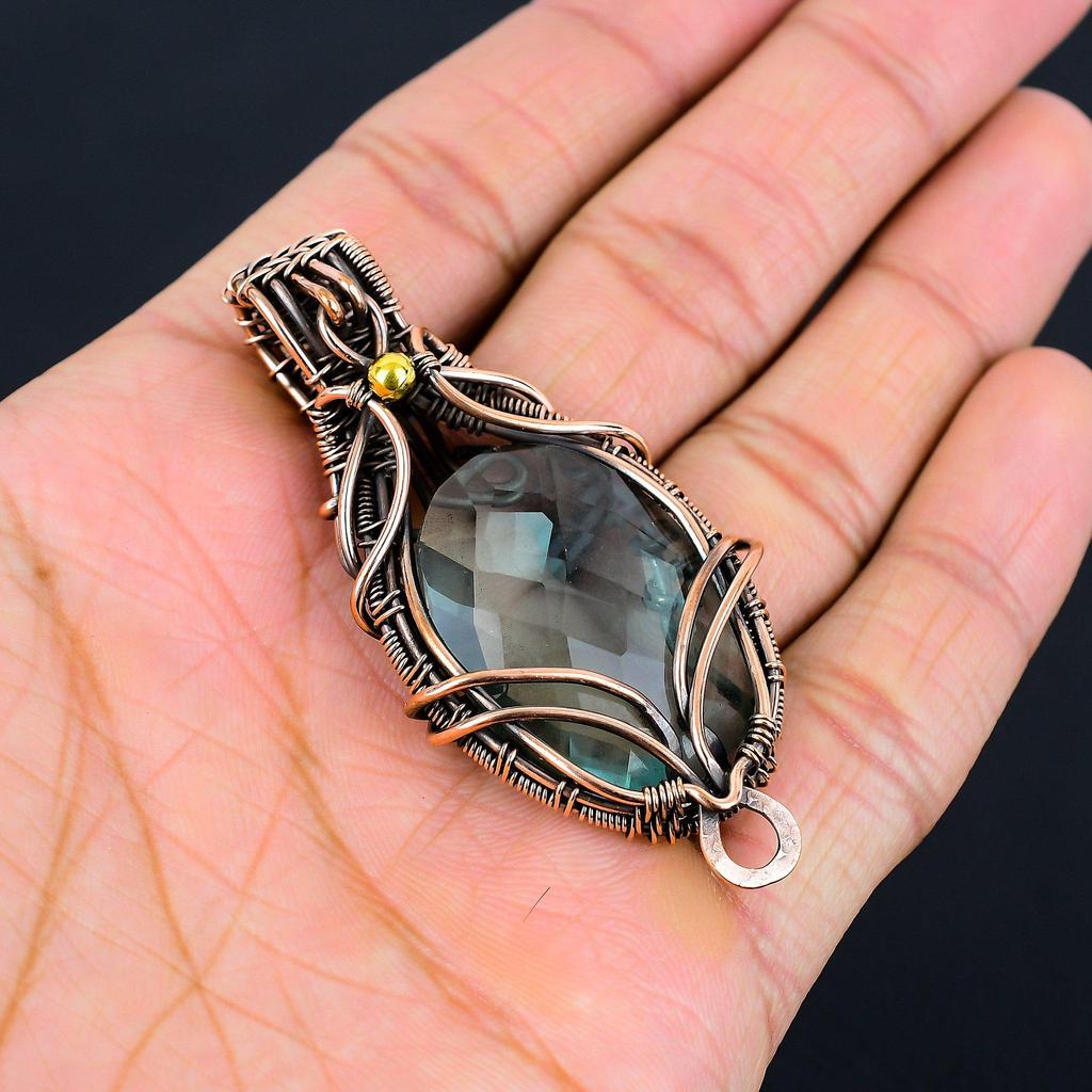 Wonderful Aqua Apatite Gemstone Handmade Pure Copper Wire Wrapped Pendant Jewelry