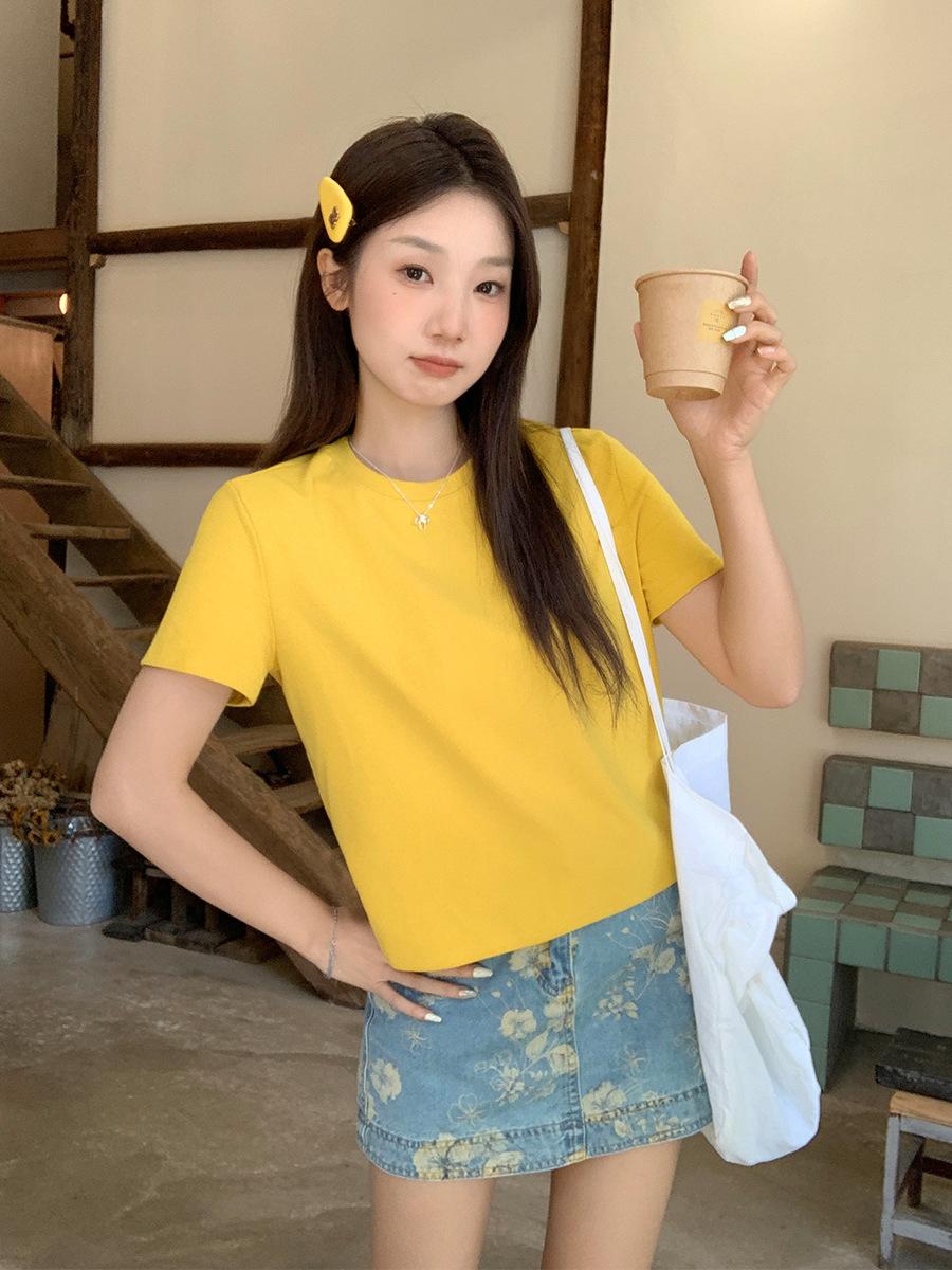 

Blue dopamine casual lazy wind short-sleeved T-shirt women s summer new round neck loose and thin top XL жовтий