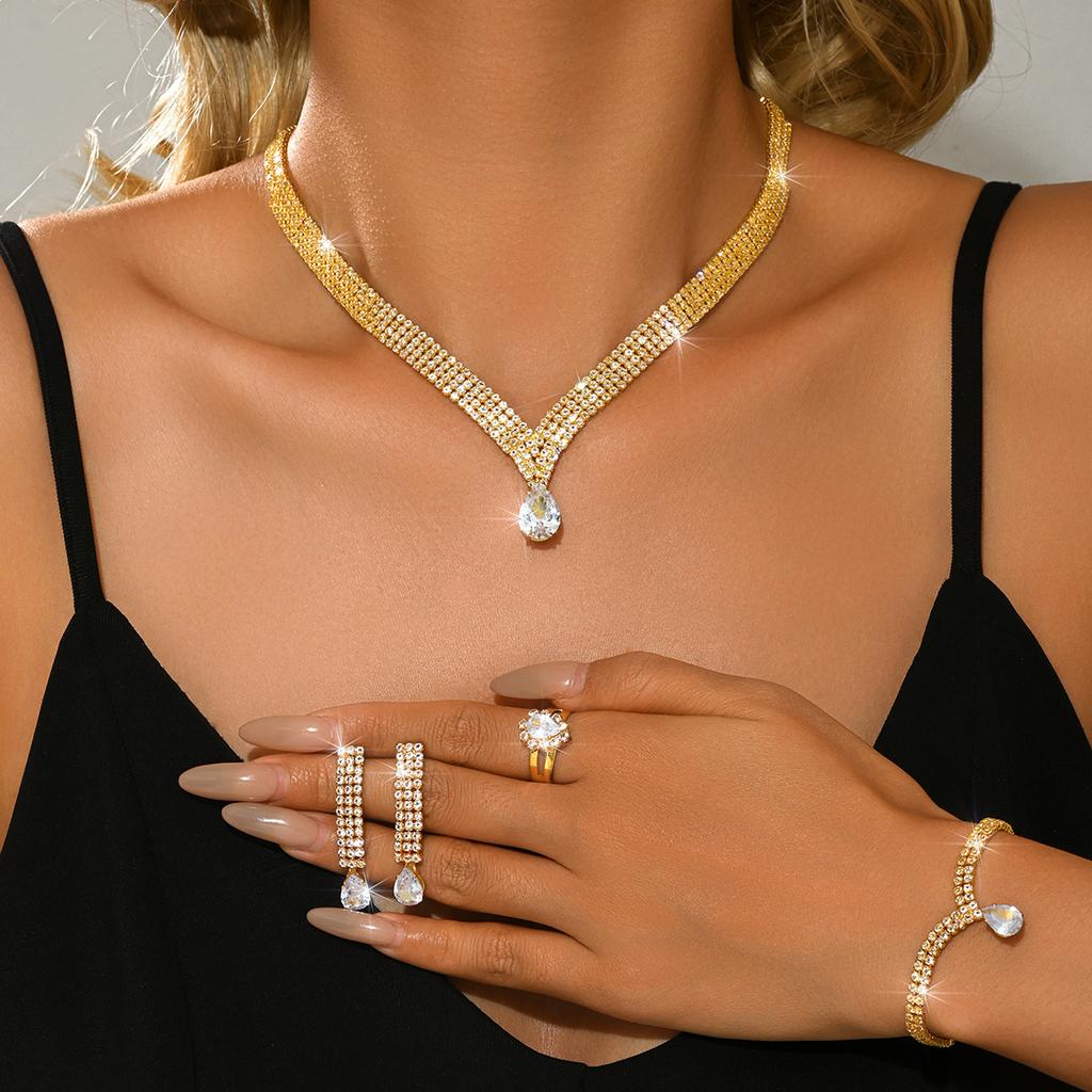 Cross Border Bridal Wedding Accessories Necklace, Bracelet, Earrings, Ring Set, Women's Four Piece Set