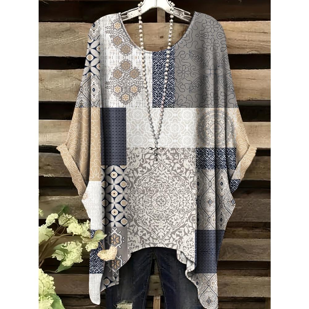 Women's T-Shirt Comfort Versatile Grid Print Loose O-Neck Elegant Bohemian Y2k Clothes Machine Washable Fashion Women's Clothing